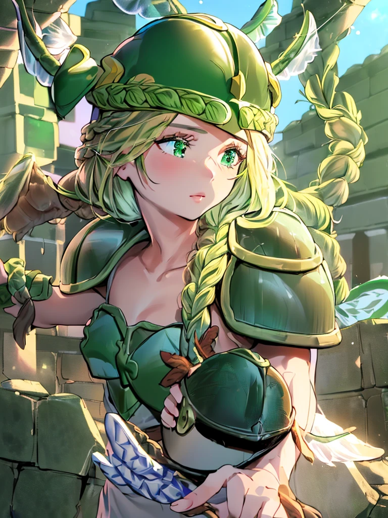 masterpiece, ultra-detailed, best quality,1girl, 18yo, beautiful girl,BREAK,(Green armor:1.8),BREAK,(french braid:1.8),BREAK,(Helmet with wings:1.8),