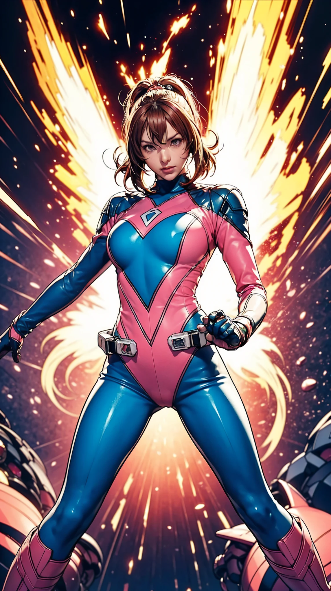 Solo, A brave and courageous image of a 6 member ranger team, Each one is decorated in vibrant colors such as:: ((Pink)), red is front of center, violet, Green, yellow, blue black, white,. Dynamic poses in a background that exudes energy and courage, neon, fire, plasma, Fluorescent, shocking, pink big bomber, splashing pink, running, fighting pose, action pose, Embodying the essence of the classic Sentai superhero team. Each Ranger:: The attire is sophisticated and modern, Each color has elements that reflect its theme., Ready for action. ((Camel Toe)), weapons, in sunset background , in cinematic lighting, cover art mixed cinema poster style,