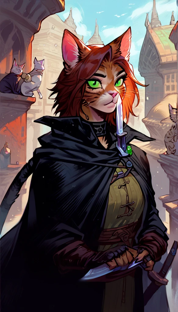 score_9, score_8_up, score_7_up, (fantasy buildings, fantasy DnD-style city on background),
 ((cat:1.2), anthro, solo, female, (closeup portrait, focus on face, crouch), (holding dagger, assasin, rogue), ((wearing dark robe with cape)), (cat fur)), beautiful