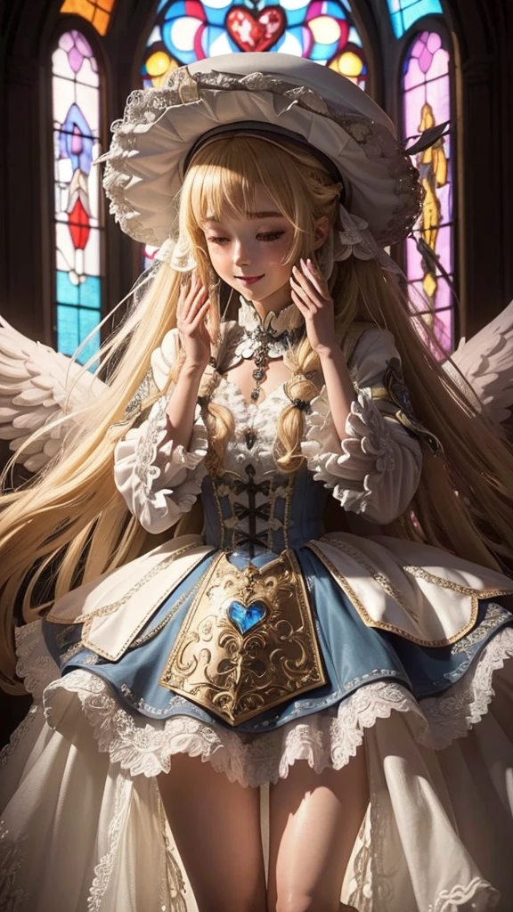 (1girl in),( absurdly , High quality , ultra-detailliert ),(Summer in the morning),(masutepiece),(Stained Glass Church),(Long-haired blonde twintails),（Blue Cleric Robe）,Clergy's hat,(Cute 3D anime  girl rendering),Super Detailed Beautiful Girl,Solemn pose,Laughing,watching at viewers,Wearing long boots,Has big angel wings,Halo,heart mark, Full body portrait, Perfect face and nice perfect face, Surreal concept, 8K resolution, photographic quality,long  skirt