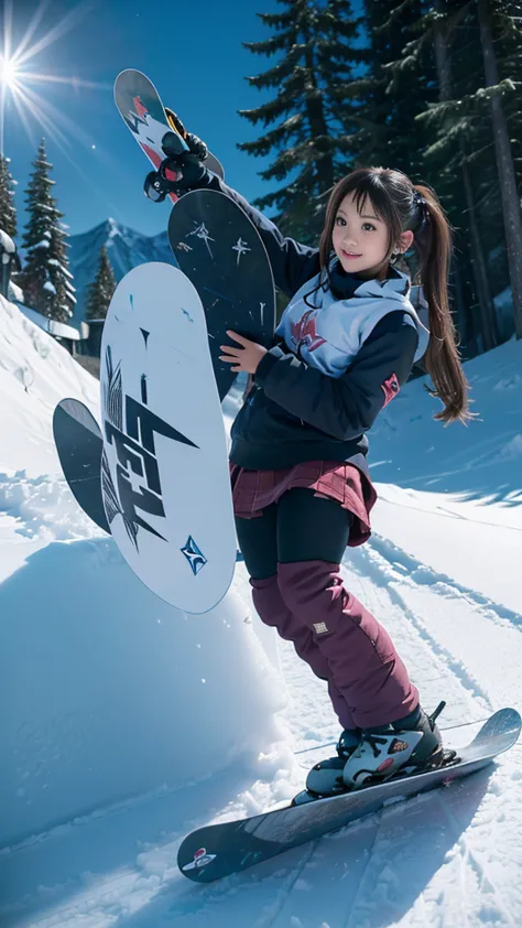 (((A high school girl snowboarding on a slope:1.2))), (beautiful girl, Amazingly cute face, Idol Face:1.2), (((One snowboard))),...