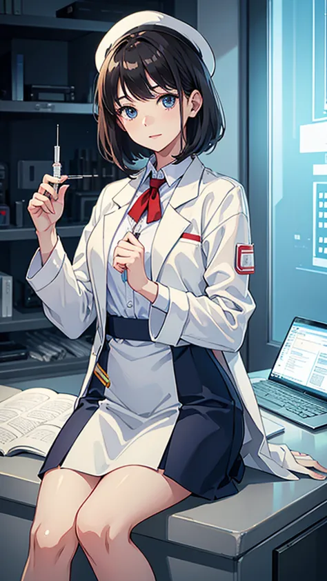 highest quality、woman、white、scientist、holding a syringe