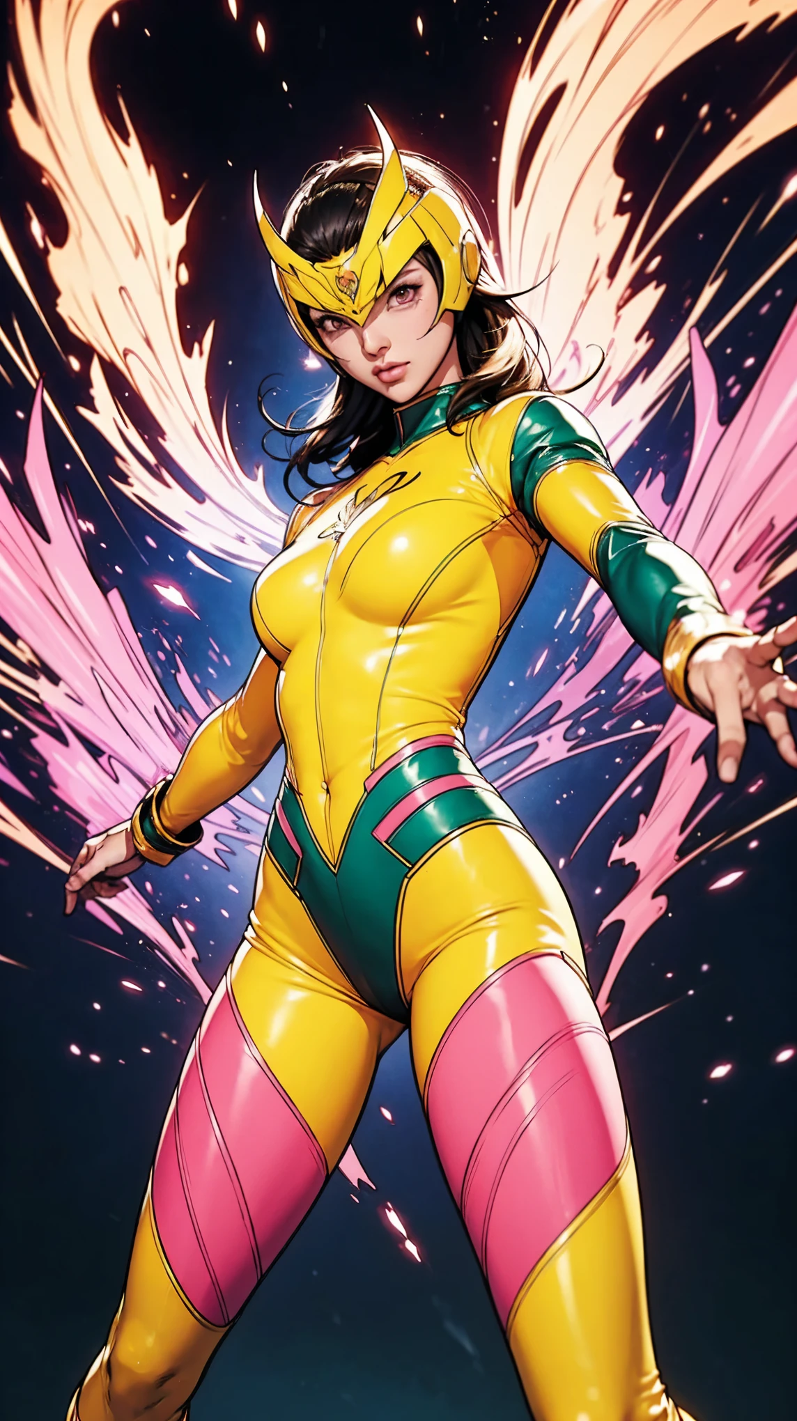 Solo, A brave and courageous image of a 6 member ranger team, Each one is decorated in vibrant colors such as:: ((Pink)), red is front of center, violet, Green, yellow, blue black, white,. Dynamic poses in a background that exudes energy and courage, neon, fire, plasma, Fluorescent, shocking, pink big bomber, splashing pink, running, fighting pose, action pose, Embodying the essence of the classic Sentai superhero team. Each Ranger:: The attire is sophisticated and modern, Each color has elements that reflect its theme., Ready for action. ((Camel Toe)), weapons, in sunset background , in cinematic lighting, cover art mixed cinema poster style,