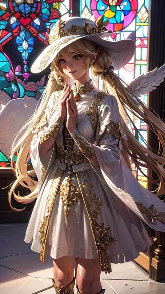 (1girl in),( absurdly , High quality , ultra-detailliert ),(Summer in the morning),(masutepiece),(Stained Glass Church),(Long-haired blonde twintails),（Blue Cleric Robe）,Clergy's hat,(Cute 3D anime  girl rendering),Super Detailed Beautiful Girl,Solemn pose,Laughing,watching at viewers,Wearing long boots,Has big angel wings,Halo,heart mark, Full body portrait, Perfect face and nice perfect face, Surreal concept, 8K resolution, photographic quality,long  skirt