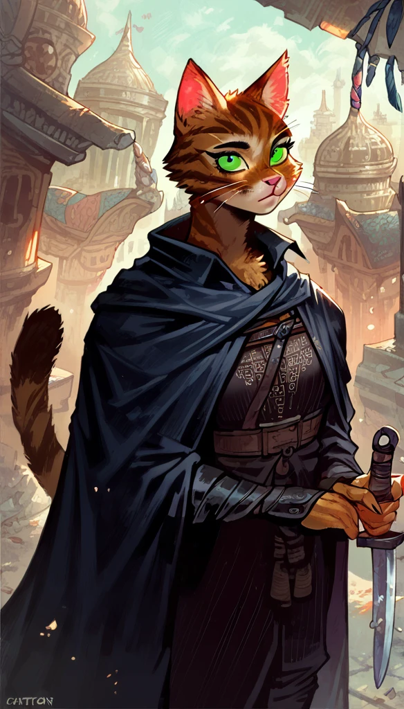 Punktzahl_9, Punktzahl_8_hoch, Punktzahl_7_hoch, (Fantasiegebäude, Fantasy-Stadt im DnD-Stil im Hintergrund),
 ((Katzenvolk), anthro, Allein, weiblich, (closehoch portrait, Fokus auf Gesicht, Hocken), (Dolch halten, Attentäter, Schurke), ((trägt eine dunkle Robe mit Umhang)), (Katzenfell)), Schön