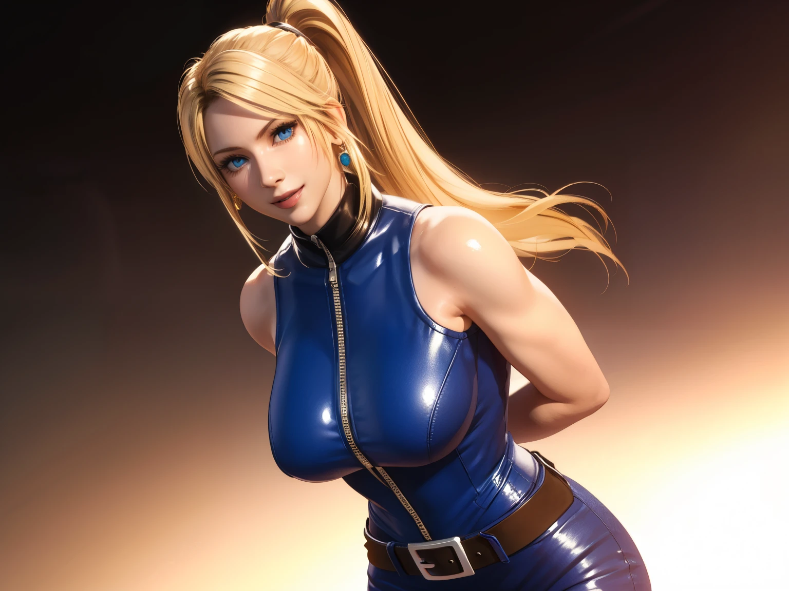 Sarah, blue eyes, very long hair, (shiny skin:1.2), (skinny girl:1.5), blonde hair, high ponytail, floating hair, bodysuit, Shoulders exposed, (arms exposed:1.3), (medium breasts:1.3), (pushed up breasts:0.4), (curvy figure:0.7), (hands behind back:1.4), (tight blue bodysuit:1.1), belt ,(sleeveless:1.6), zipper, boots, high heels, earrings, (short fingerless gloves:1.4), BREAK masterpiece, 1 girl, RAW photo, (best quality:1.2), extremely delicate beautiful, very detailed, 2k wallpaper, amazing, fine details, extremely detailed CG Unity 8k wallpaper, super detailed, high resolution, (beautiful detailed girl:1.2), perfect anatomy, (shiny clothes:0.6), (big smile expression:1.2), (upper body:1.4), (Realistic, Photorealistic:1.0), (thin nose:1.2), (breast focus:1.3), high nose bridge, (blue clothes:1.2)
