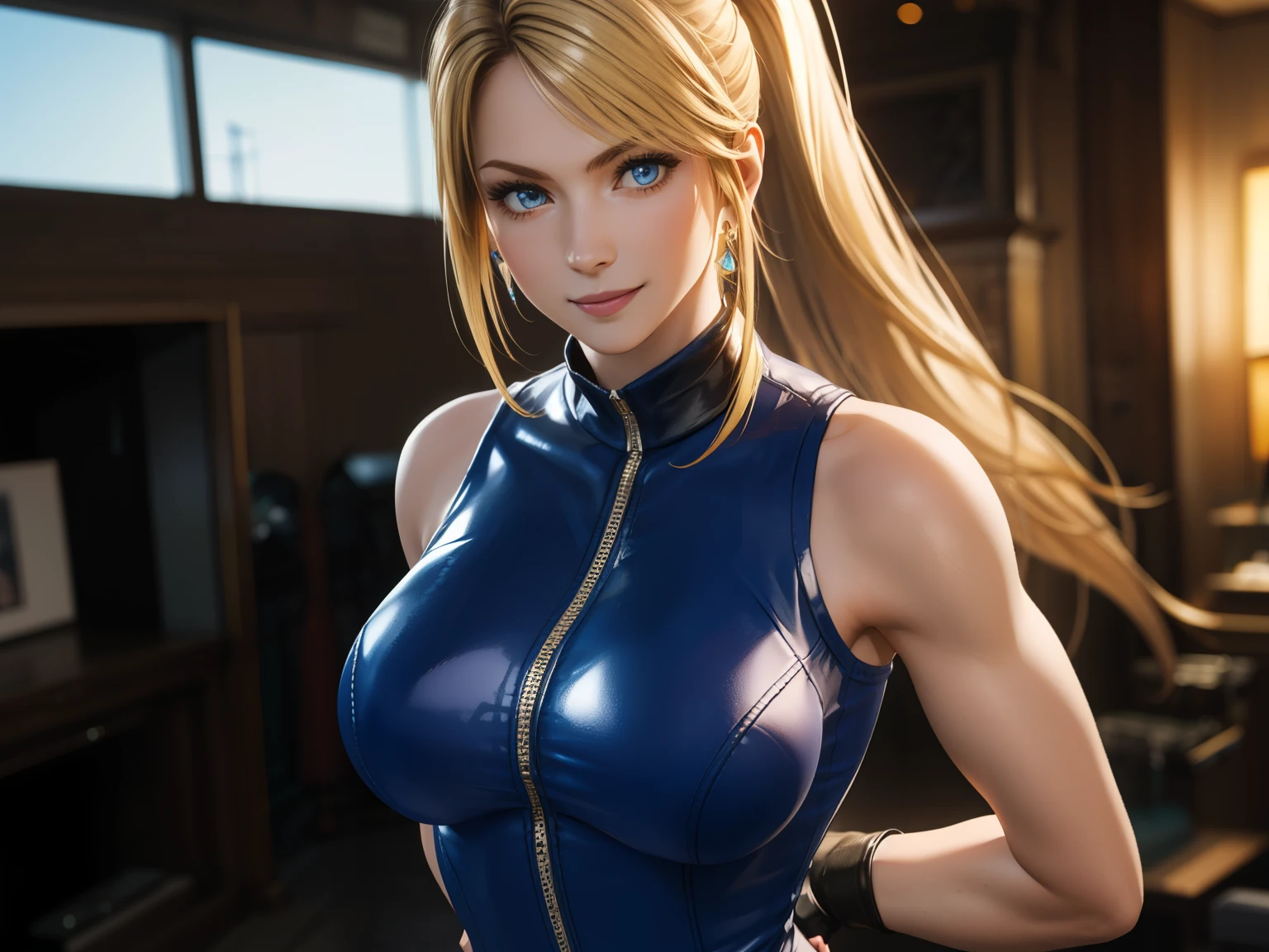 Sarah, blue eyes, very long hair, (shiny skin:1.2), (skinny girl:1.5), blonde hair, high ponytail, floating hair, bodysuit, Shoulders exposed, (arms exposed:1.3), (medium breasts:1.3), (pushed up breasts:0.4), (curvy figure:0.7), (hands behind back:1.4), (tight blue bodysuit:1.1), belt ,(sleeveless:1.6), zipper, boots, high heels, earrings, (short fingerless gloves:1.4), BREAK masterpiece, 1 girl, RAW photo, (best quality:1.2), extremely delicate beautiful, very detailed, 2k wallpaper, amazing, fine details, extremely detailed CG Unity 8k wallpaper, super detailed, high resolution, (beautiful detailed girl:1.2), perfect anatomy, (shiny clothes:0.6), (big smile expression:1.2), (upper body:1.4), (Realistic, Photorealistic:1.0), (thin nose:1.2), (breast focus:1.3), high nose bridge, (blue clothes:1.2)
