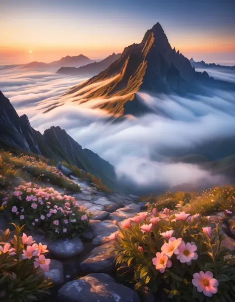 Landscape Photography, 
Sunrise Morning, 
Rugged mountain peak, 
Deep fog like a sea of clouds, 
Flowers wet with night dew, 
Su...