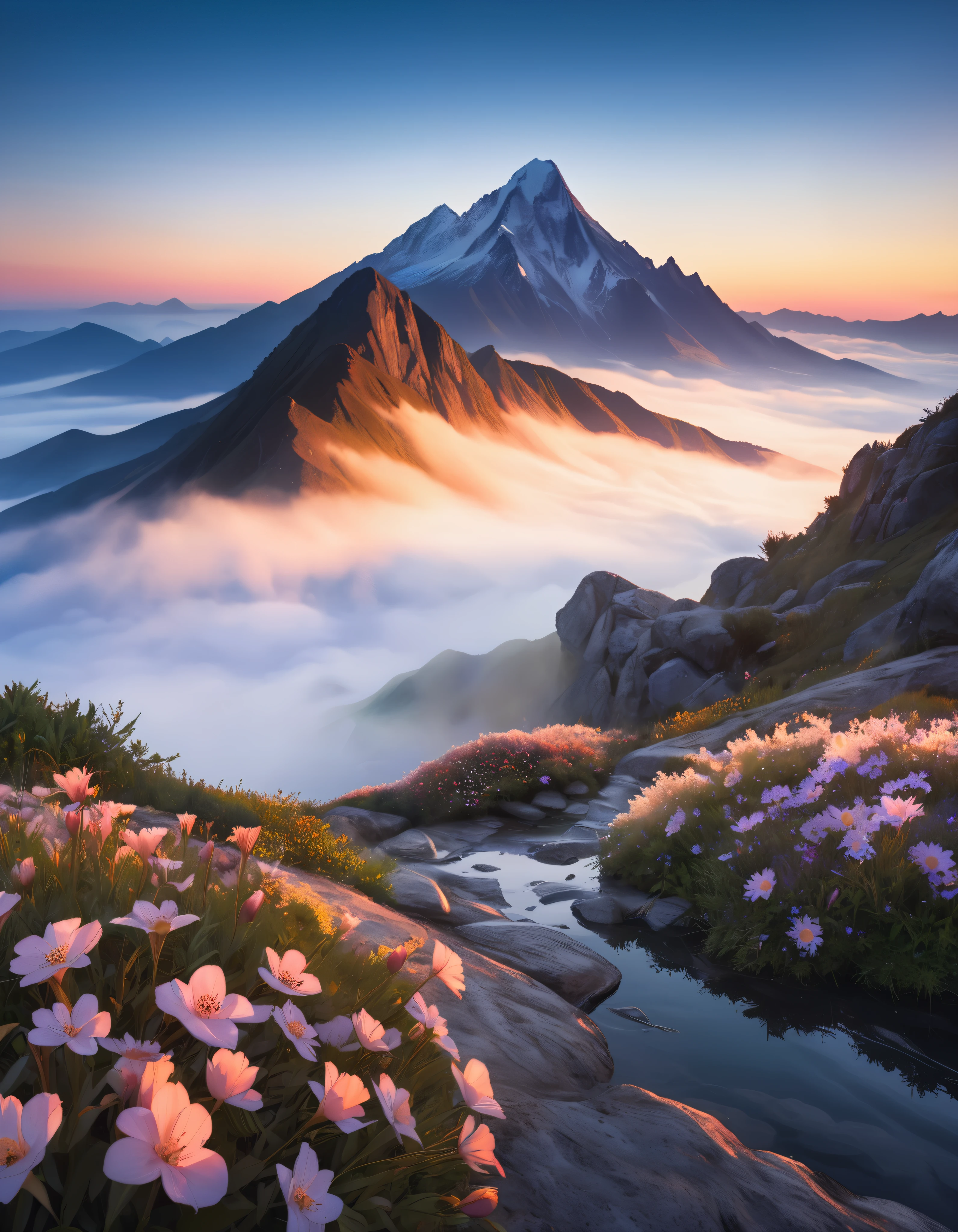 Landscape Photography, 
Sunrise Morning, 
Rugged mountain peak, 
Deep fog like a sea of clouds, 
Flowers wet with night dew, 
Sunrise, Limited Mirage, Limited flickering warm light, Aesthetic water reflections, BREAK Extremely clear and transparent, 
BREAK Highest Quality, Highest quality, Highest Resolution, Super Retina, 