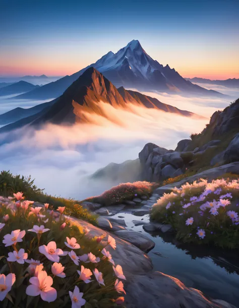 Landscape Photography, 
Sunrise Morning, 
Rugged mountain peak, 
Deep fog like a sea of clouds, 
Flowers wet with night dew, 
Su...