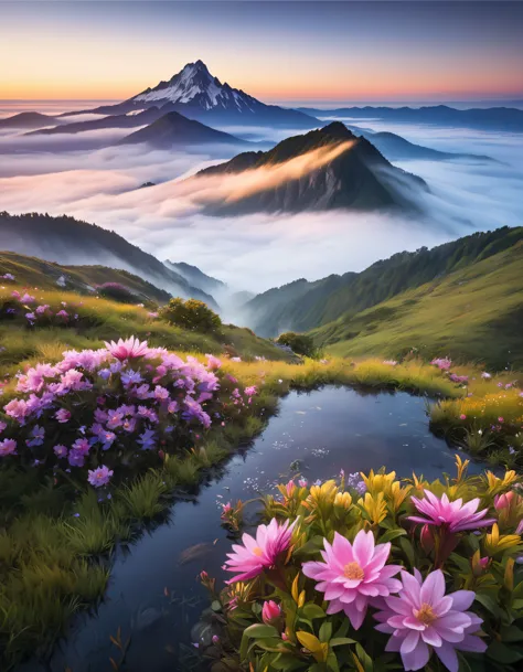 Landscape Photography, 
Sunrise Morning, 
Rugged mountain peak, 
Deep fog like a sea of clouds, 
Flowers wet with night dew, 
Su...