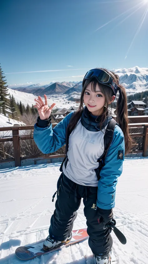 (A high school girl snowboarding down a slope:1.2), (beautiful girl, Amazingly cute face, Idol Face:1.2), (Detailed Snowboard), ...