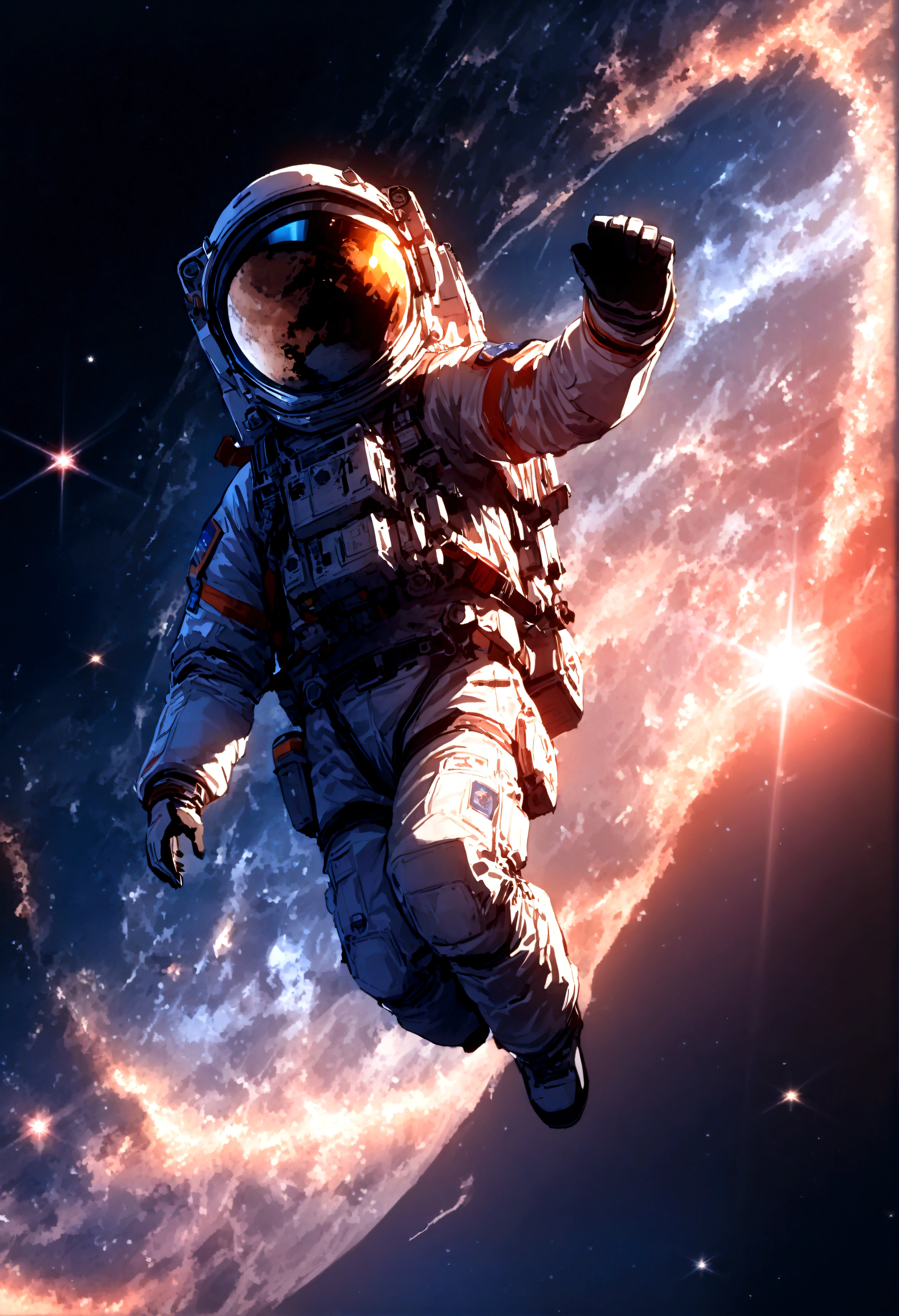 quality\(8k,wallpaper of extremely detailed CG unit, ​masterpiece,hight resolution,top-quality,top-quality real texture skin,hyper realisitic,increase the resolution,RAW photos,best qualtiy,highly detailed,the wallpaper,cinematic lighting,ray trace,golden ratio\), BREAK ,solo,1astronaut wearing space suit floating aimlessly in the galaxy\(dark,beautiful,beautiful stars\) and behind him a beautiful dazzling sun surely rising from behind the large beautiful (blue earth:1.6),(long shot:1.5)