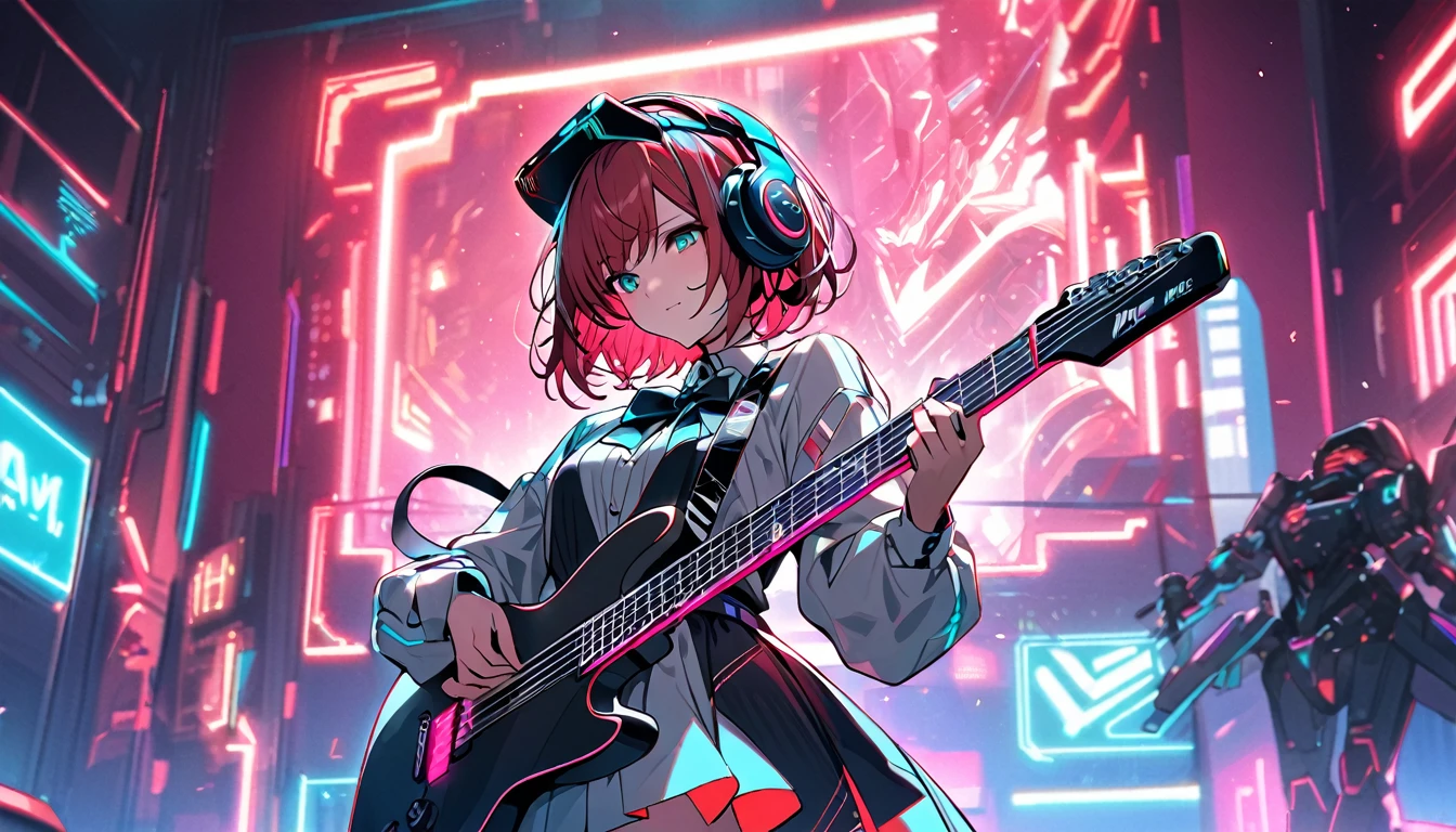 Beautiful girl, single, cool short hair, red hair, glowing wires. Wears a half hat, headphones, bow tie, mixed with sci-fi and neon tones. In the background is a robot with neon lights. The background image is a large robot, clearly visible. ,On stage, playing guitar, wearing a VR helmet.