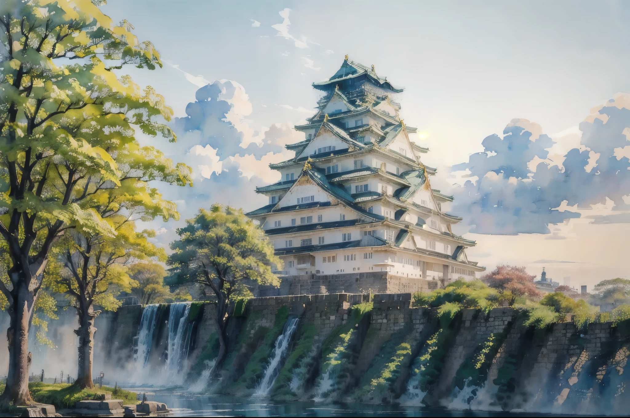 (masterpiece),(Highest quality:1.2),(Very detailed:1.2),(High resolution),(((watercolor))),8K,wallpaper,Osaka Castle,summer,(osakajou, cloud, tree, sky, outdoors, scenery, architecture, day, building, cloudy sky, road, blue sky, real world location)