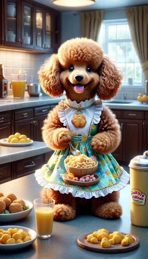 "A ginger poodle wearing a cute dress eating food on the counter, with photorealistic lighting, Garfield the cartoon poodle, pho...