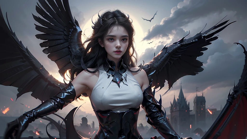 (Realistic picture, highest resolution, 16K), (A demon god with wide wings and enormous power on his shoulders..., Twelve wings on the shoulders., black bat wings:1.3 white angel wings:1.5), Have wings 100 Have wings 1000, (Beautiful girl with two meter long hair, shiny black hair, Smooth white skin, very red lips), ((stand, already)), (หน้าอกbig, หัวbig tits), (gigantic breast, small waist, hips raised, small thighs, Long legs), (dynamic poses), Separate theme, (Angel wings and devil wings), floating in the air above the ground, background darkness, Embraced with twelve wings, ปีกSeparate themeชัดเจน, Angel wings and devil wings are separated., ทรงสวมมงกุฏขนาดbig, The busiest breasts, big , Porn, just, exposed body, tight, All smooth., see the whole body, full body,