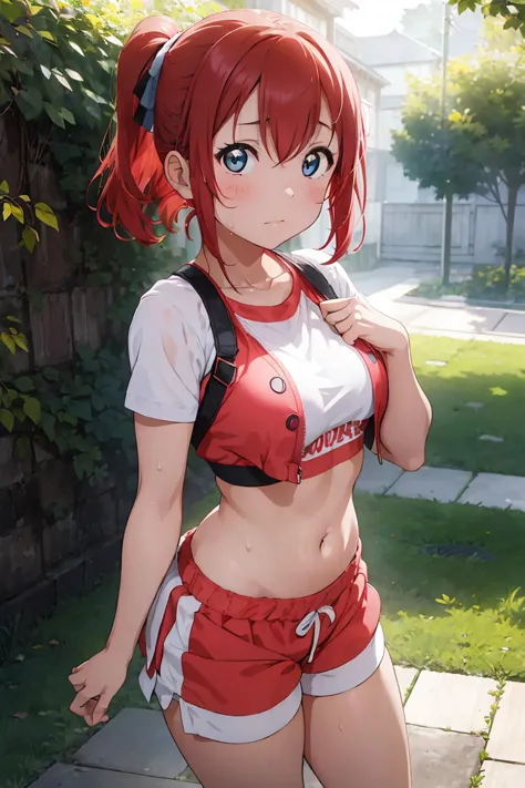 kurosawa ruby, sweat-soaked girl with a red face and blunt hair, standing proudly in the garden. she wears a pink crop top that ...