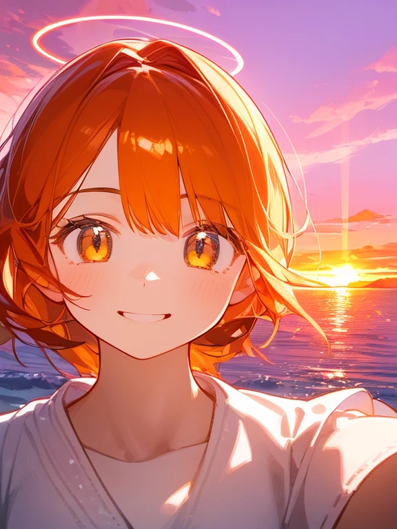 (High-quality, realistic animation, ultra-high definition 3DCG) A beautiful girl showing her face from the horizon, her first-degree relative Amaterasu Omikami, (((The big face of a beautiful girl rising from the horizon instead of the sun, head only, no body, full smile, shining halo, face emerging from the horizon))) Gradient of the light changing from pink to orange at dawn,