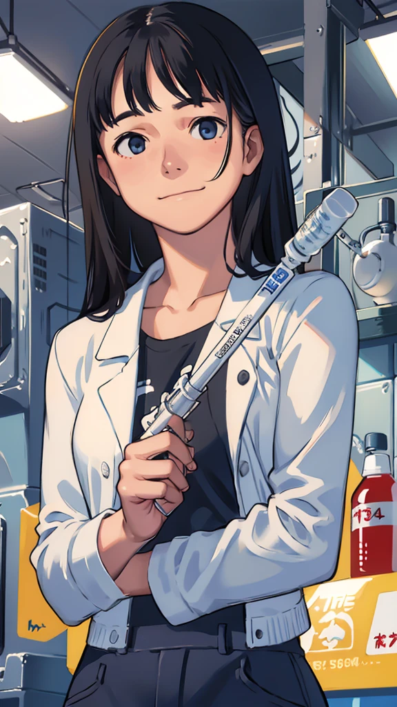 Highest quality、woman、White、Scientist、Suspicious Smile、Large Breasts、Holding a syringe