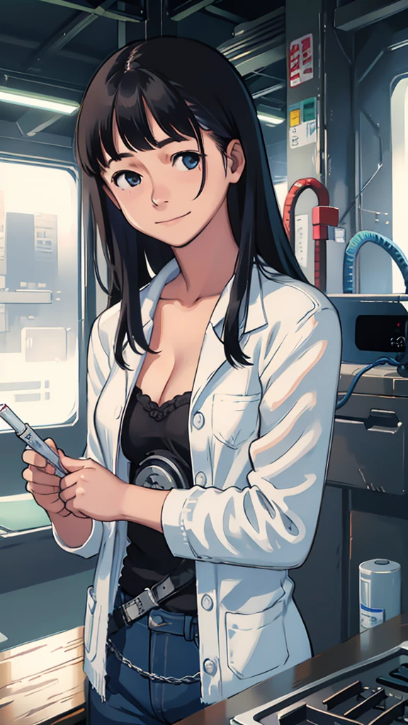 Highest quality、woman、White、Scientist、Suspicious Smile、Large Breasts、Holding a syringe