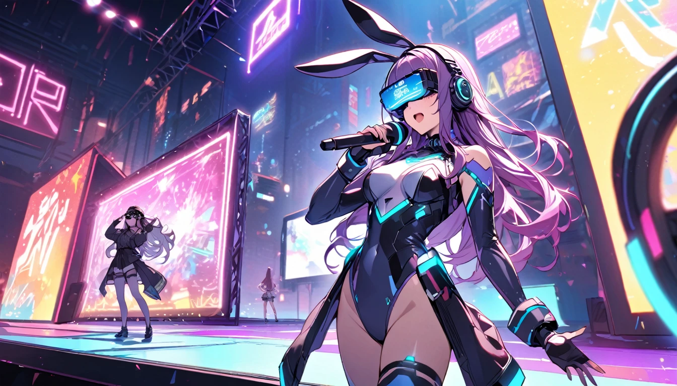 Beautiful girl, single, long hair, purple hair, glowing wires Wearing a half-cap, headphones, bunny ears, a neon-toned sci-fi robot leotard, in the background there is a robot with neon lights. The background image is a large robot, clearly visible. ,on stage, singing, wearing VR glasses