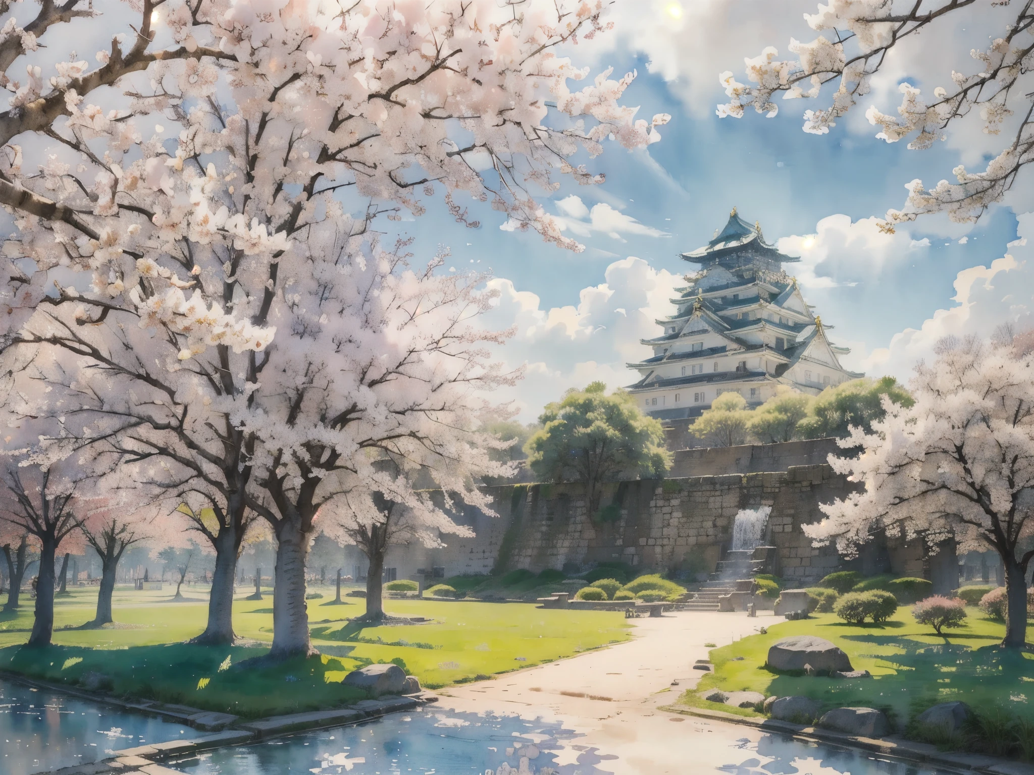 (masterpiece),(Highest quality:1.2),(Very detailed:1.2),(High resolution),(((watercolor))),8K,wallpaper,Osaka Castle,((spring)),(osakajou, cloud, tree, sky, outdoors, scenery, architecture, day, building, cloudy sky, road, blue sky, real world location)