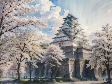 (masterpiece),(highest quality:1.2),(very detailed:1.2),(high resolution),(((watercolor))),8k,wallpaper,osaka castle,((spring)),...