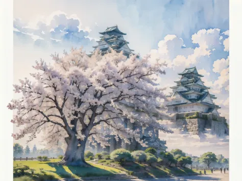 (masterpiece),(highest quality:1.2),(very detailed:1.2),(high resolution),(((watercolor))),8k,wallpaper,osaka castle,((spring)),...