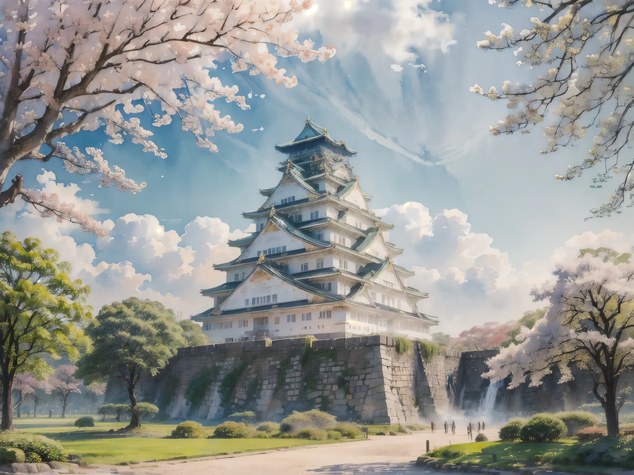 (masterpiece),(Highest quality:1.2),(Very detailed:1.2),(High resolution),(((watercolor))),8K,wallpaper,Osaka Castle,((summer)),(osakajou, cloud, tree, sky, outdoors, scenery, architecture, day, building, cloudy sky, road, blue sky, real world location)