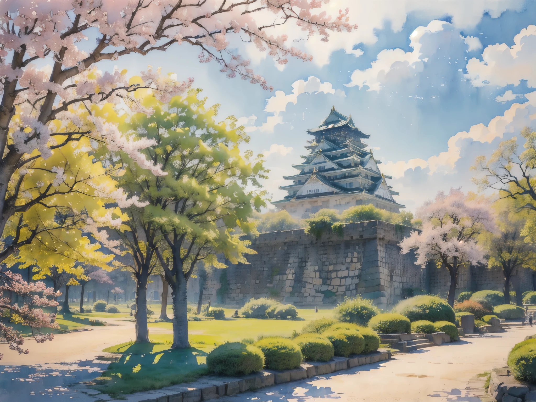 (masterpiece),(Highest quality:1.2),(Very detailed:1.2),(High resolution),(((watercolor))),8K,wallpaper,Osaka Castle,((summer)),(osakajou, cloud, tree, sky, outdoors, scenery, architecture, day, building, cloudy sky, road, blue sky, real world location)