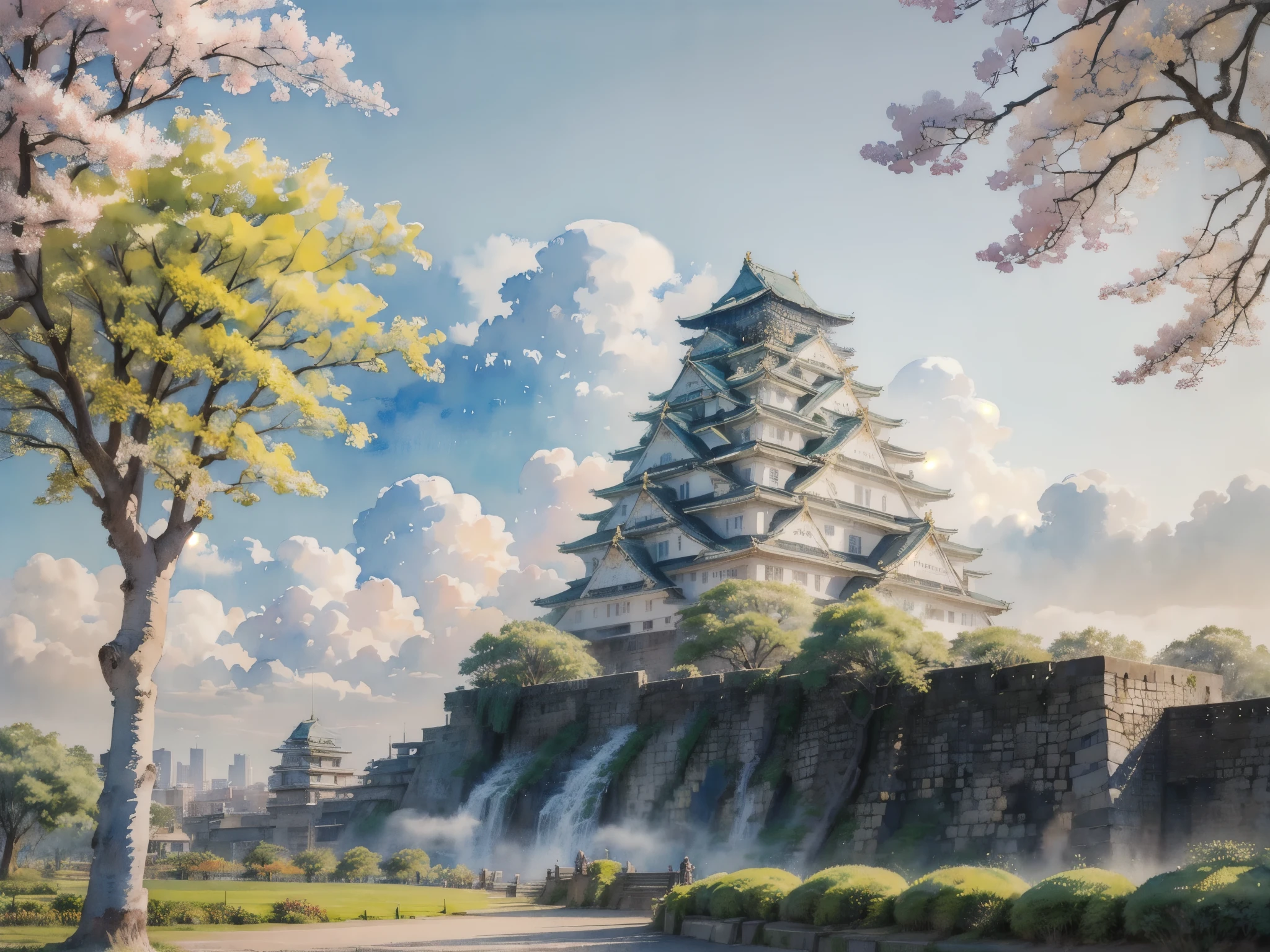 (masterpiece),(Highest quality:1.2),(Very detailed:1.2),(High resolution),(((watercolor))),8K,wallpaper,Osaka Castle,((summer)),(osakajou, cloud, tree, sky, outdoors, scenery, architecture, day, building, cloudy sky, road, blue sky, real world location)