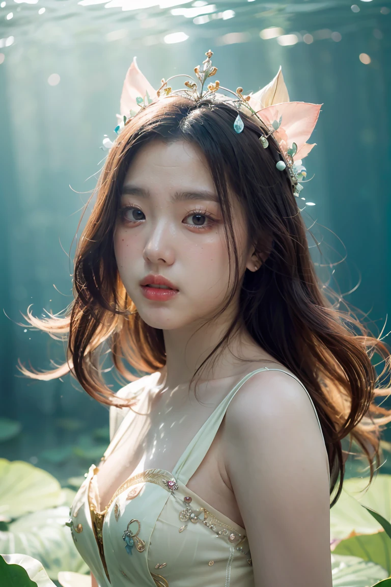 (best quality,4k,8k,highres,masterpiece:1.2),ultra-detailed,(realistic,photorealistic,photo-realistic:1.37),Kim Jisoo as Neptune Fairy,beautiful detailed eyes,beautiful detailed lips,extremely detailed eyes and face,longeyelashes,shimmering tail flowing in water,sparkling aquamarine colored wings,soft and radiant light illuminating the scene,ethereal and dreamy atmosphere,floral crown with delicate water lilies,flowing pastel-colored gown with intricate details,graceful and elegant pose,serene expression on Jisoo's face,subtle underwater scenery in the background,breathtaking underwater garden,floating bubbles adding a touch of magic,gentle waves caressing the scene,glimmering reflections dancing on the surface,soft and pastel color palette,creating a sense of tranquility and enchantment,stunning visual effects highlighting the mythical nature,neptunian energy radiating from Jisoo's presence,immersing viewers into a realm of fantasy and wonder,blending elements of mythology and beauty,transforming Jisoo into a mesmerizing Neptune Fairy.