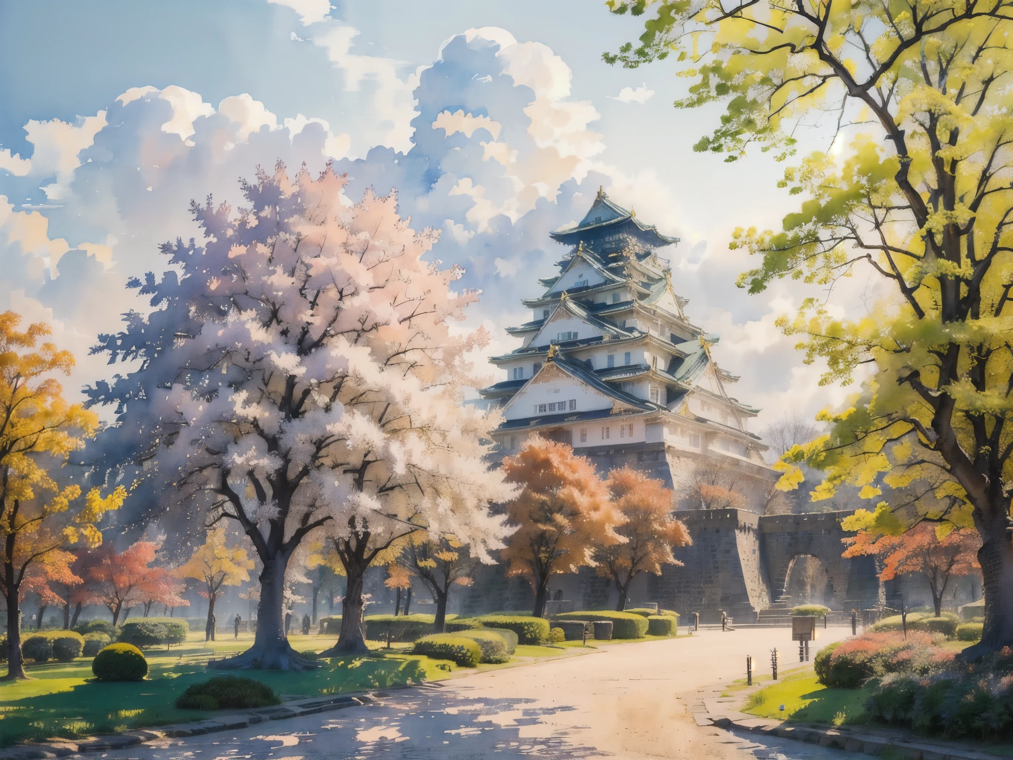 (masterpiece),(Highest quality:1.2),(Very detailed:1.2),(High resolution),(((watercolor))),8K,wallpaper,Osaka Castle,((autumn)),(osakajou, cloud, tree, sky, outdoors, scenery, architecture, day, building, cloudy sky, road, blue sky, real world location)