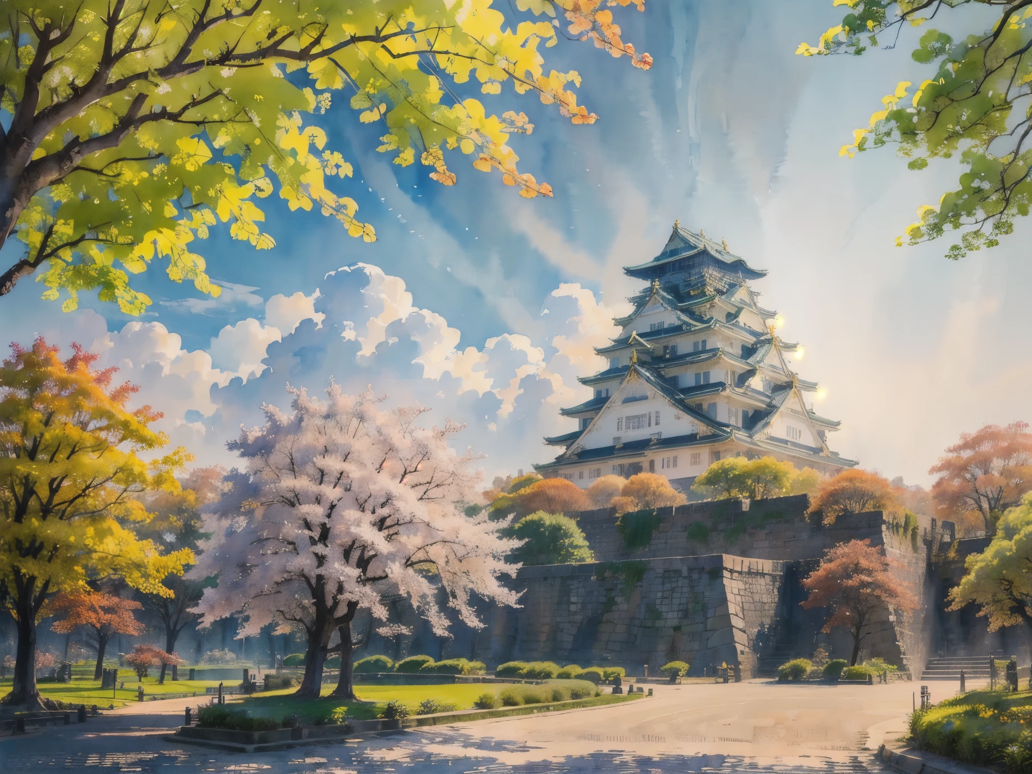 (masterpiece),(Highest quality:1.2),(Very detailed:1.2),(High resolution),(((watercolor))),8K,wallpaper,Osaka Castle,((autumn)),(osakajou, cloud, tree, sky, outdoors, scenery, architecture, day, building, cloudy sky, road, blue sky, real world location)