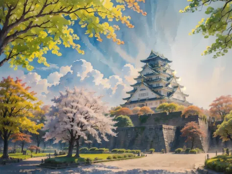 (masterpiece),(highest quality:1.2),(very detailed:1.2),(high resolution),(((watercolor))),8k,wallpaper,osaka castle,((autumn)),...