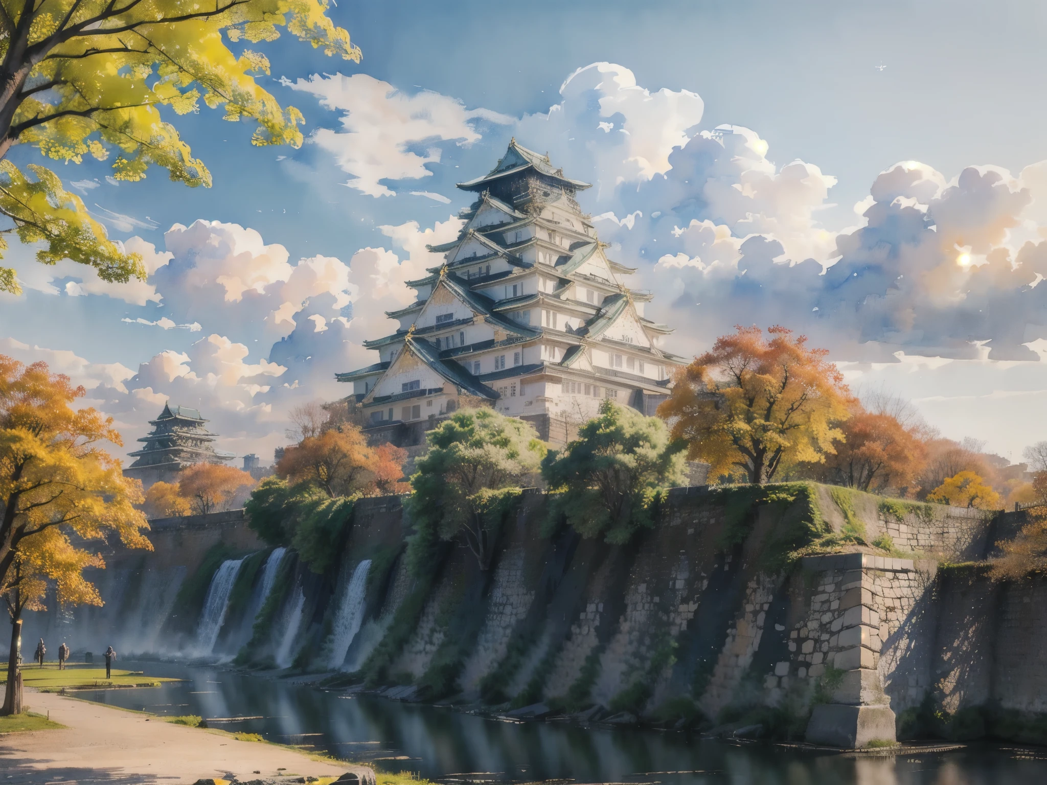 (masterpiece),(Highest quality:1.2),(Very detailed:1.2),(High resolution),(((watercolor))),8K,wallpaper,Osaka Castle,((autumn)),(osakajou, cloud, tree, sky, outdoors, scenery, architecture, day, building, cloudy sky, road, blue sky, real world location)