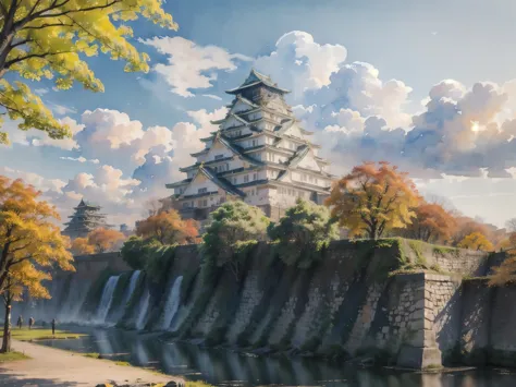 (masterpiece),(highest quality:1.2),(very detailed:1.2),(high resolution),(((watercolor))),8k,wallpaper,osaka castle,((autumn)),...