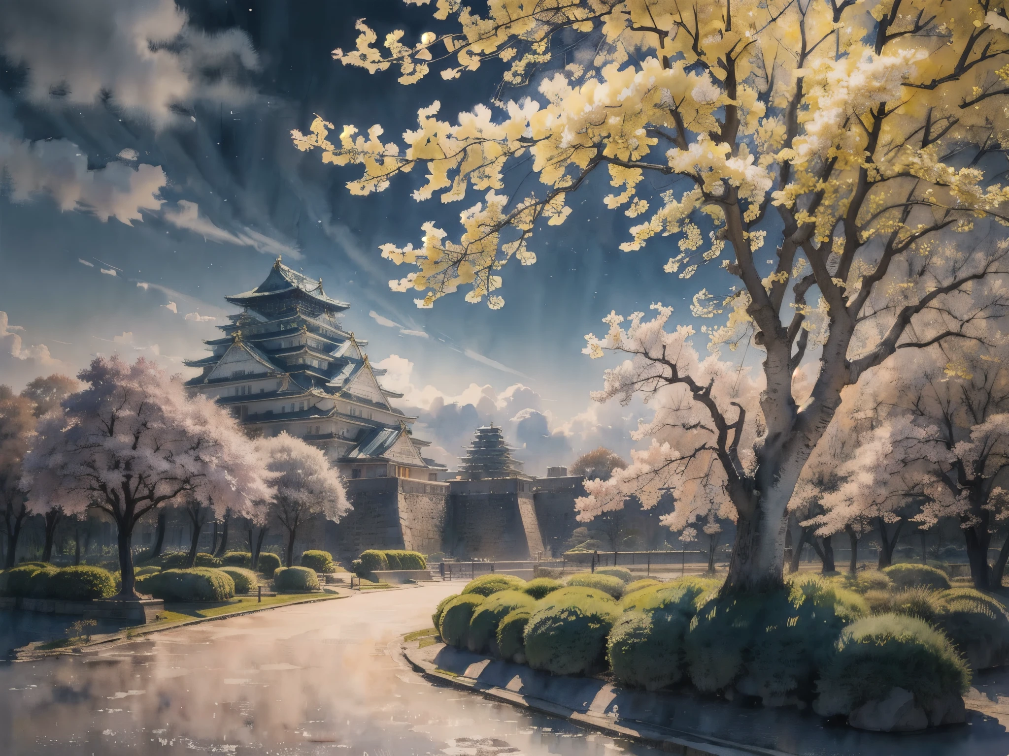 (masterpiece),(Highest quality:1.2),(Very detailed:1.2),(High resolution),(((watercolor))),8K,wallpaper,Osaka Castle,((night)),(osakajou, cloud, tree, sky, outdoors, scenery, architecture, day, building, cloudy sky, road, blue sky, real world location)