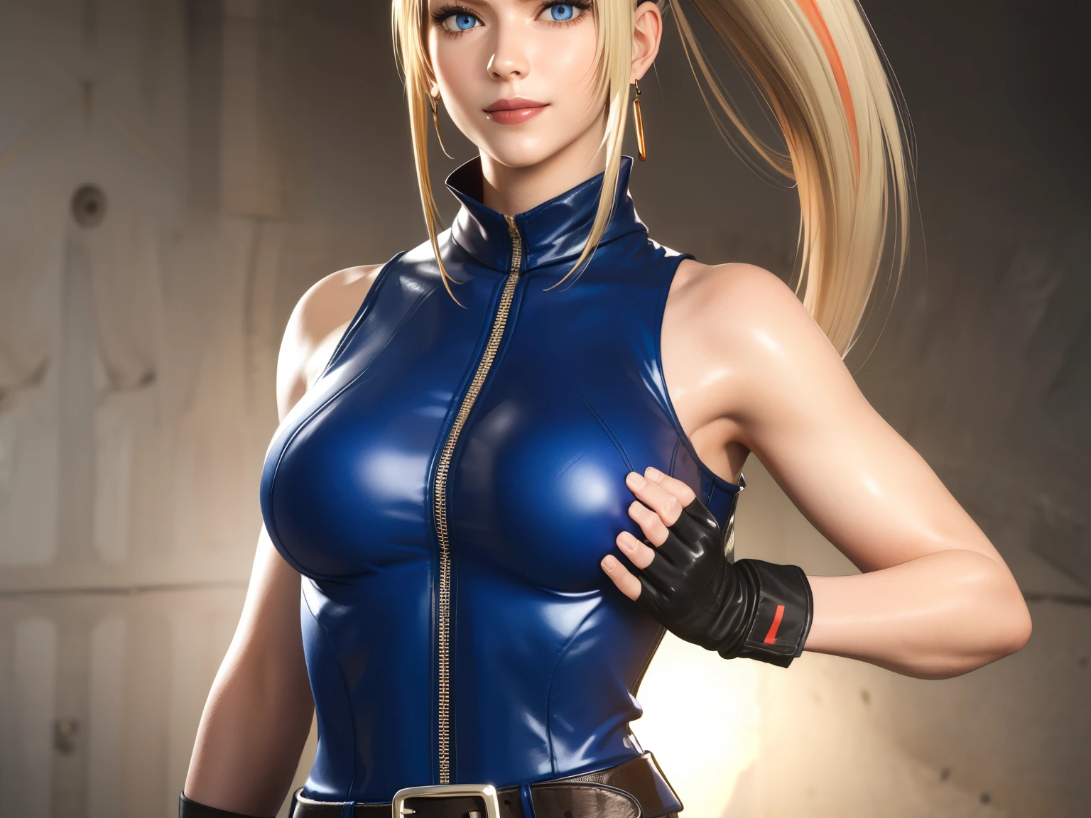 Sarah, blue eyes, very long hair, (shiny skin:1.2), (skinny girl:1.5), (red lipstick:0.9), blonde hair, high ponytail, (detailed hair streaks:1.3), (free flowing streaks:1.3), floating hair, bodysuit, Shoulders exposed, (arms exposed:1.3), (medium breasts:1.3), (pushed up breasts:0.4), (curvy figure:0.7), (hands behind back:1.4), (tight blue bodysuit:1.1), belt ,(sleeveless:1.6), zipper, boots, high heels, earrings, (short fingerless gloves:1.4), BREAK masterpiece, 1 girl, RAW photo, (best quality:1.2), extremely delicate beautiful, very detailed, 2k wallpaper, amazing, fine details, extremely detailed CG Unity 8k wallpaper, super detailed, high resolution, (beautiful detailed girl:1.2), perfect anatomy, (shiny clothes:0.6), (big smile expression:1.2), (upper body:1.4), (Realistic, Photorealistic:1.0), (thin nose:1.2), (breast focus:1.3), high nose bridge, (blue clothes:1.2)
