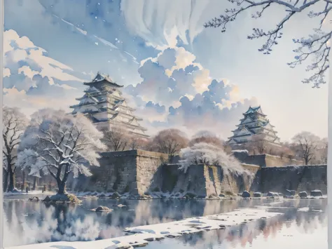 (masterpiece),(highest quality:1.2),(very detailed:1.2),(high resolution),(((watercolor))),8k,wallpaper,osaka castle,((winter)),...