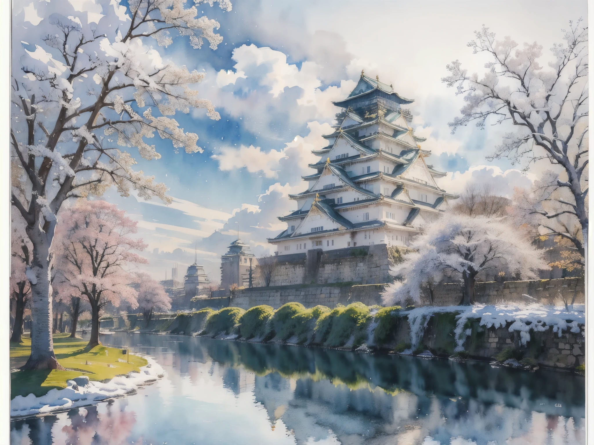 (Obra de arte),(mais alta qualidade:1.2),(Muito detalhado:1.2),(alta resolução),(((aquarela))),8K,papel de parede,Castelo de Osaka,((Inverno)),(Osakaju, nuvem, árvore, Céu, ao ar livre, cenário, arquitetura, dia, prédio, nuvemy Céu, estrada, blue Céu, localização no mundo real)