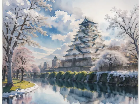 (masterpiece),(Highest quality:1.2),(Very detailed:1.2),(High resolution),(((watercolor))),8K,wallpaper,Osaka Castle,((winter)),...