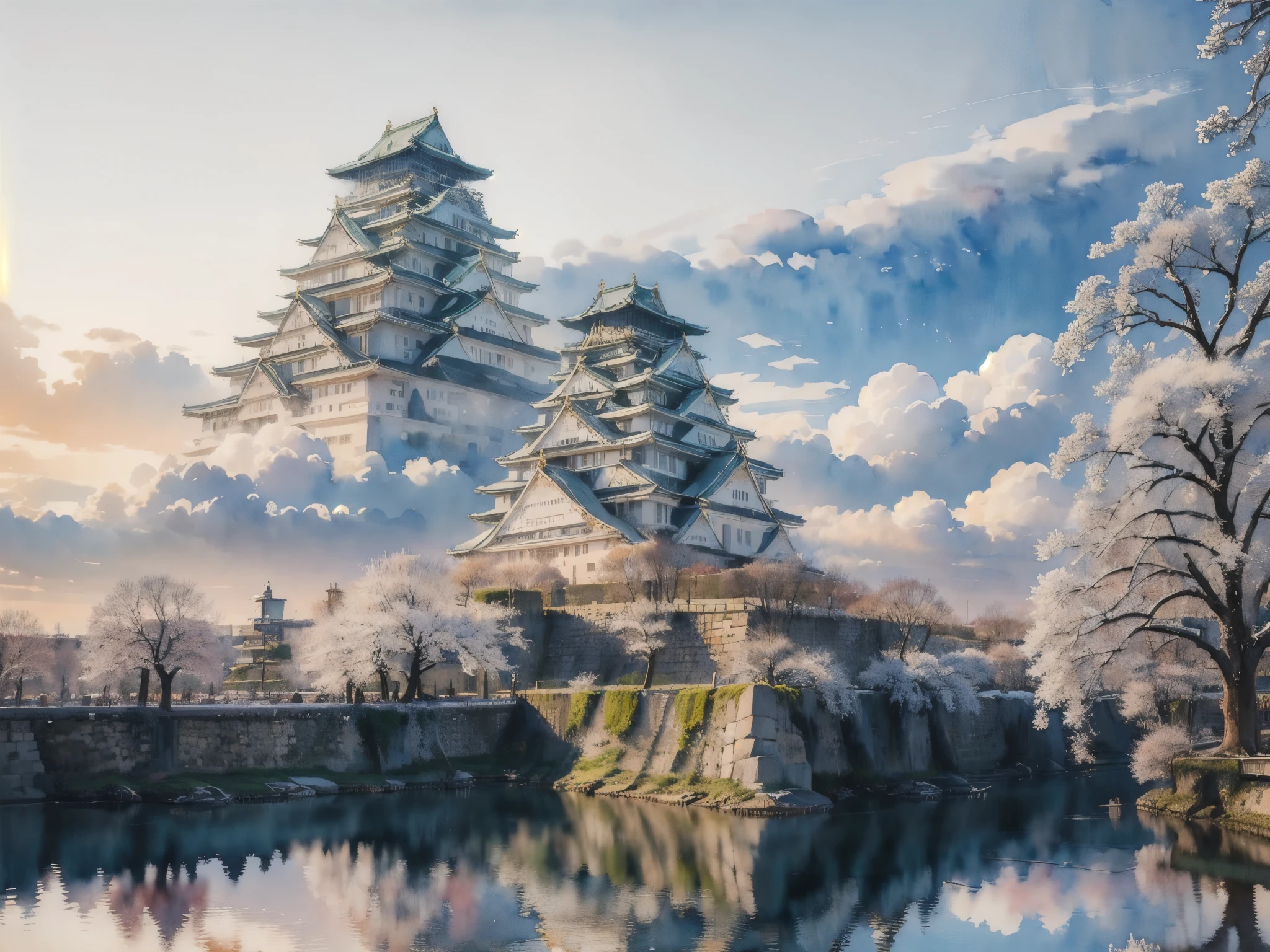 (masterpiece),(Highest quality:1.2),(Very detailed:1.2),(High resolution),(((watercolor))),8K,wallpaper,Osaka Castle,((winter)),(osakajou, cloud, tree, sky, outdoors, scenery, architecture, day, building, cloudy sky, road, blue sky, real world location)