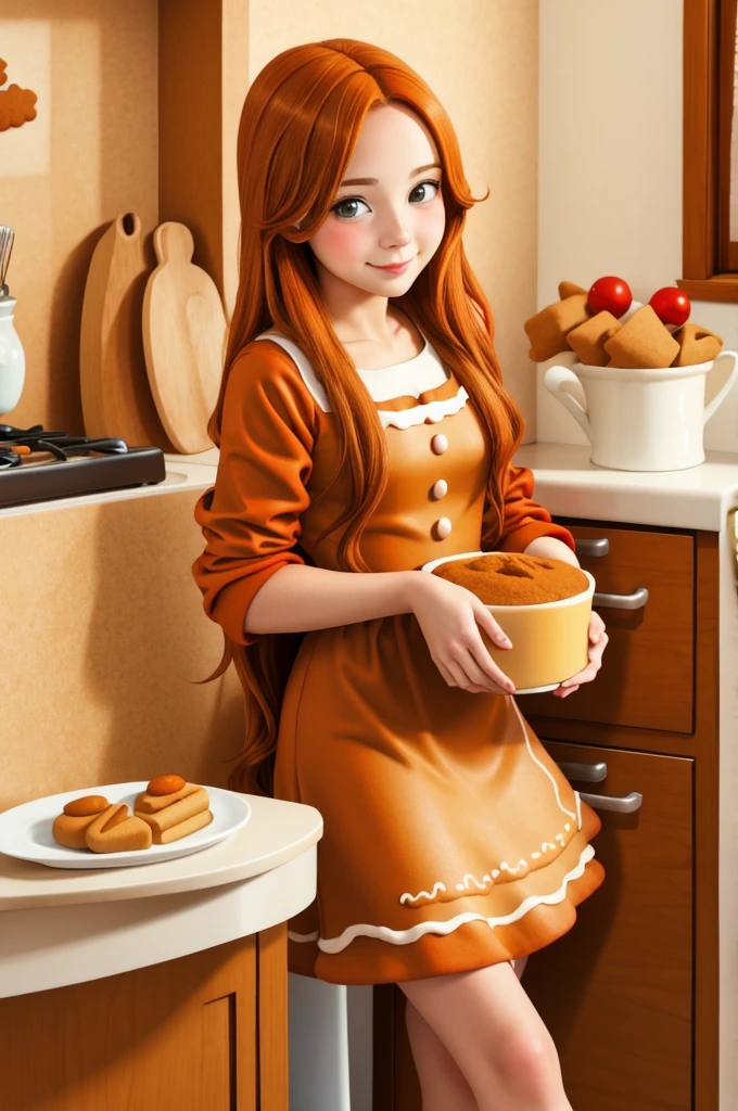 young woman, Orange Hair, Hazel Eyes, (Gingerbread Dress) kitchen