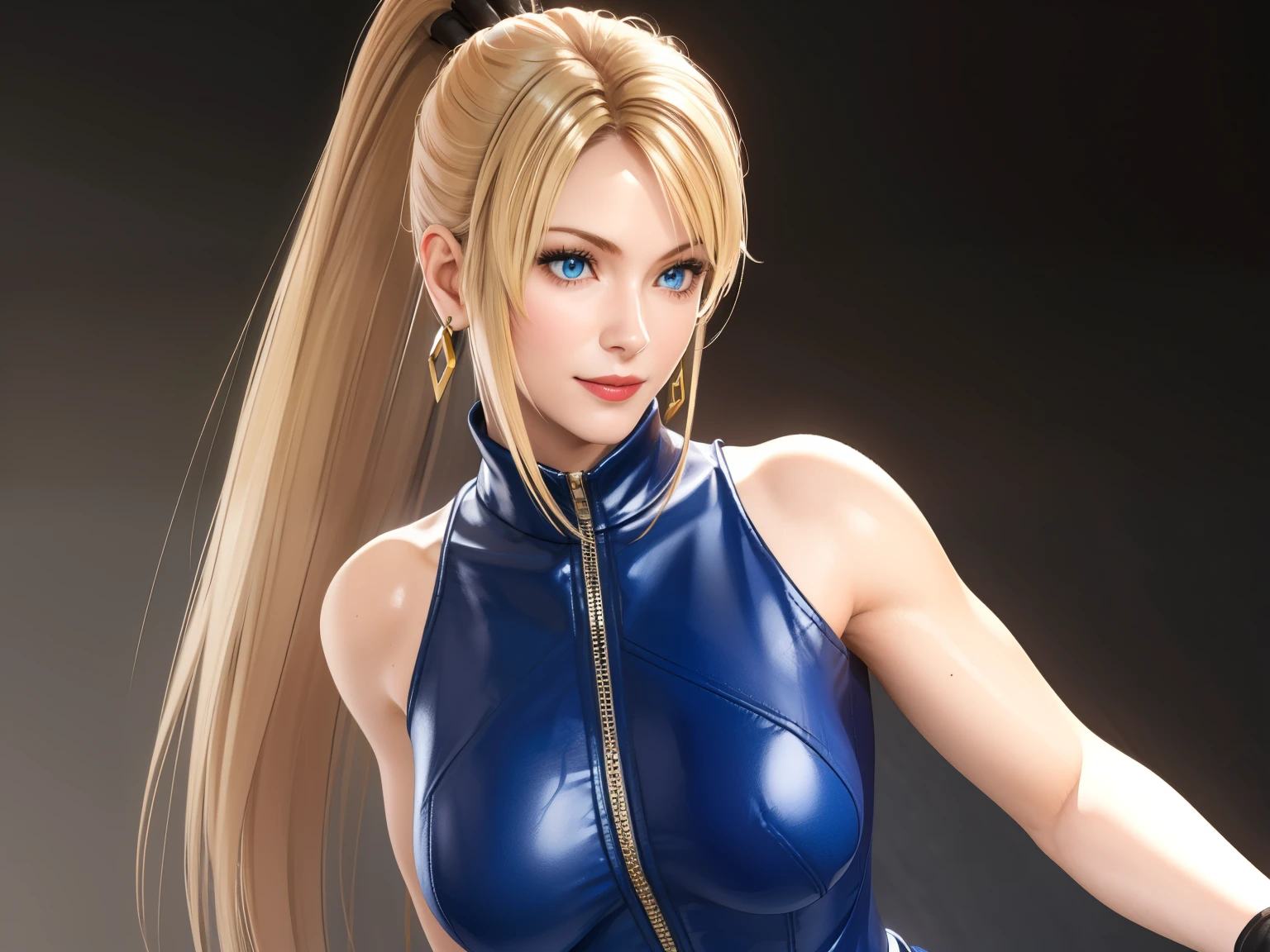 Sarah, blue eyes, very long hair, (shiny skin:1.2), (skinny girl:1.5), blonde hair, high ponytail, (detailed hair streaks:1.3), (free flowing hair streaks:1.3), floating hair, bodysuit, Shoulders exposed, (arms exposed:1.3), (medium breasts:1.3), (pushed up breasts:0.4), (curvy figure:0.7), (hands behind back:1.4), (red lipstick:0.9), (tight blue bodysuit:1.1), belt ,(sleeveless:1.6), zipper, boots, high heels, earrings, (short fingerless gloves:1.4), BREAK masterpiece, 1 girl, RAW photo, (best quality:1.2), extremely delicate beautiful, very detailed, 2k wallpaper, amazing, fine details, extremely detailed CG Unity 8k wallpaper, super detailed, high resolution, (beautiful detailed girl:1.2), perfect anatomy, (shiny clothes:0.6), (big smile expression:1.2), (upper body:1.4), (Realistic, Photorealistic:1.0), (thin nose:1.2), (breast focus:1.3), high nose bridge, (blue clothes:1.2)
