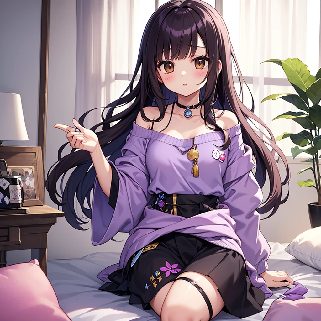 decora kei clothing,((Purple and white shades)),Waist Shot,Soft interior design for dark hair，Brown eyes with bangs