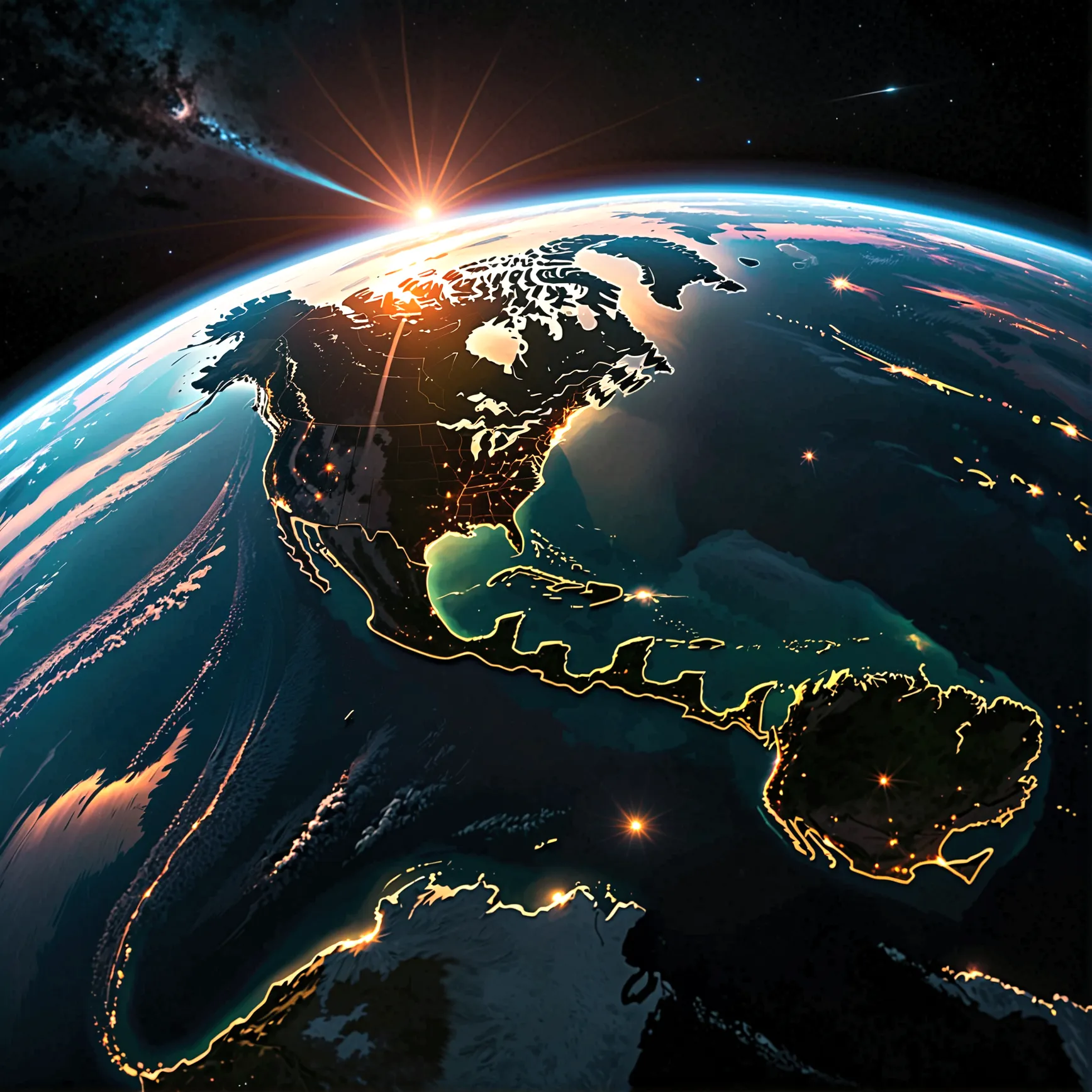 sunrise seen from space,(Darken overall),The Earth's appearance slightly visible in the light of sunrise,The only light is the s...