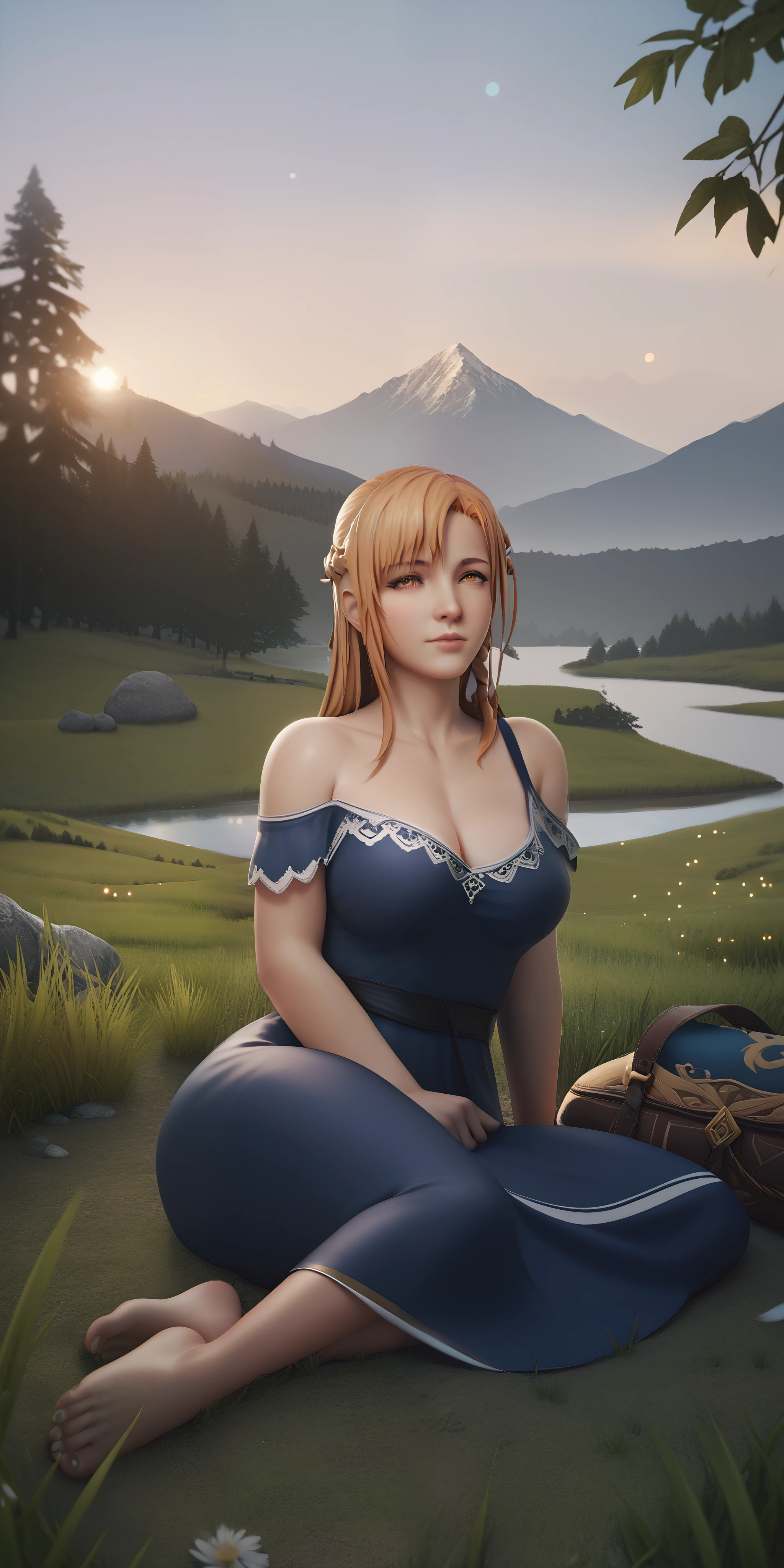 score_9, score_8_up, score_7_up, score_6_up, uncensored, Asuna Yuuki long hair, orange hair, fold hair, braid, orange eyes, breasts, epic art, fantasy, 1girl, grass, solo, barefoot, sitting, breasts, mountain, sunset, dress, bare_shoulders, outdoors, looking_at_viewer, off_shoulder, field, sky, lake, collarbone, mountainous_horizon, indian_style, twilight, tree, black_dress, large_breasts, scenery, medium_breasts, feet, off-shoulder_dress, (bokeh:1.3), rock, 