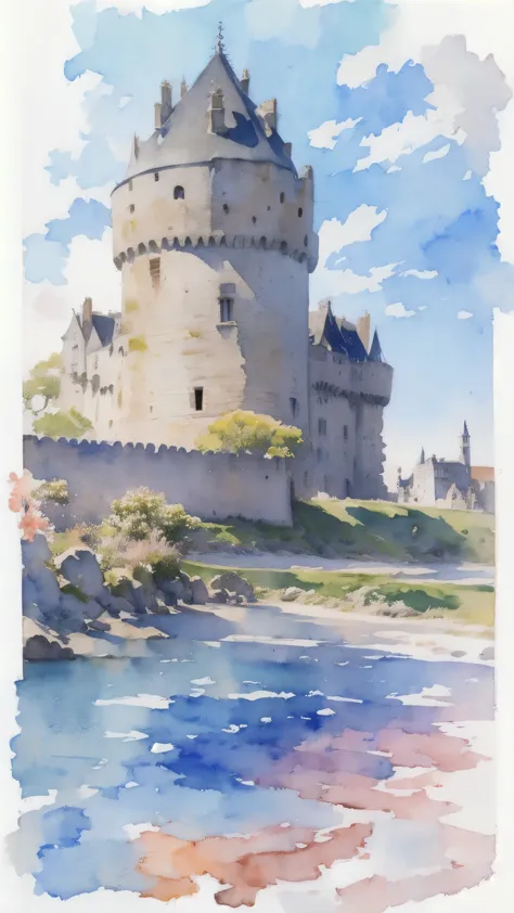 (masterpiece),(Highest quality:1.2),(Very detailed:1.2),(High resolution),(((watercolor))),8K,wallpaper,city,(((breizhcastle)))